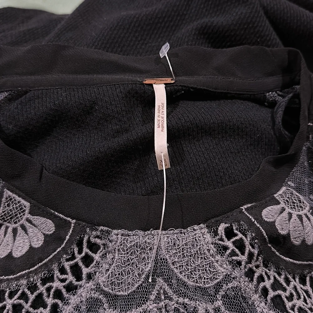 NEW Free People Toni Blouse  Black Mesh  Lace Trim Super Oversized